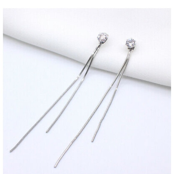 New Long Drop Earrings 925 Silver White Sapphire - Picture 3 of 4